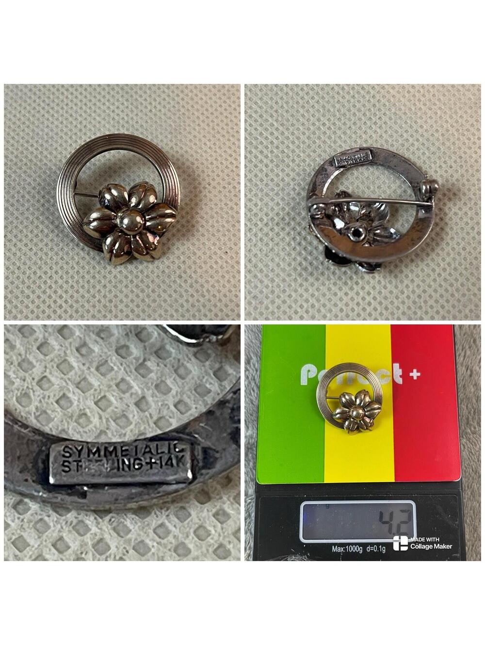 Vintage Symmetalic Sterling Silver & 14k Pretty Floral  Pin Brooch !!